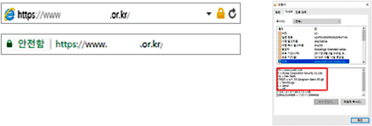 SSL 인증서의 웹브라우저 표시방법을 표현한 그림입니다. 주소 맨앞에 자물쇠 아이콘이 표시됩니다.