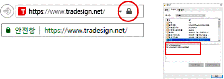 SSL 인증서의 웹브라우저 표시방법을 표현한 그림입니다. 주소 맨앞에 자물쇠 아이콘이 표시됩니다.
